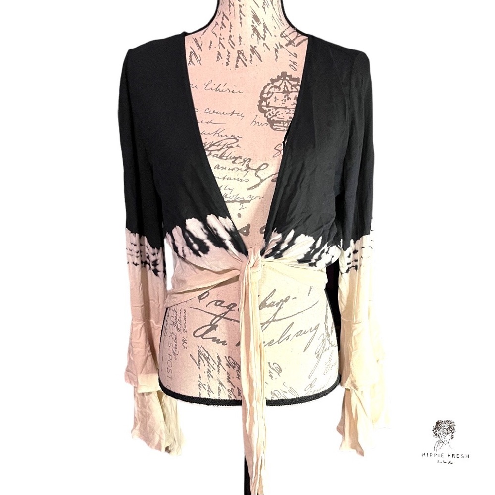 Sage Cropped Black & Cream Ombré Tie Dyed Kimono Wrap Top Size M